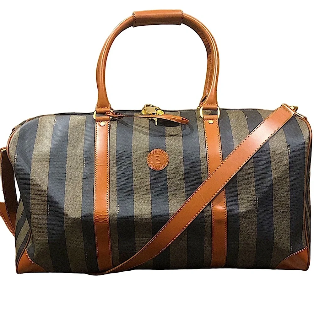 WFENDI Pequin Pecan Stripe Bandolier Boston Travel Bag 50cm FENDI Shoulder Strap - Picture 1 of 17